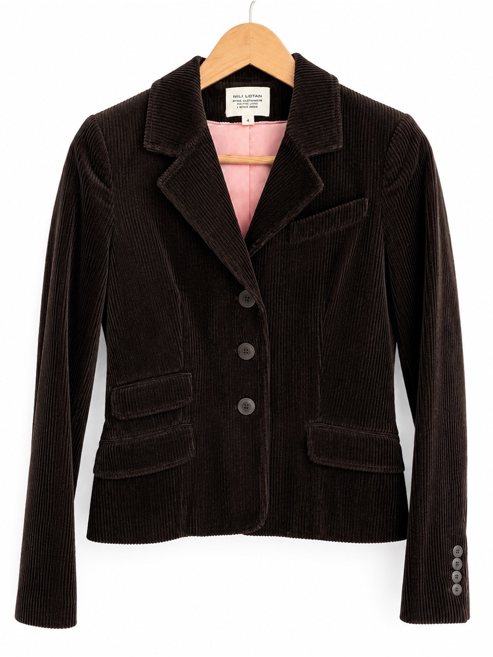 Nili Lotan Brown Corduroy Blazer Jacket Pink Satin Lining Size 4 Made USA